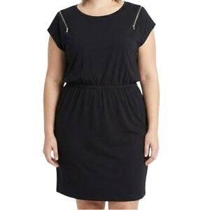 DKNY Black Zip Shoulder T-Shirt Dress XL Stretch Cotton Short Sleeve
